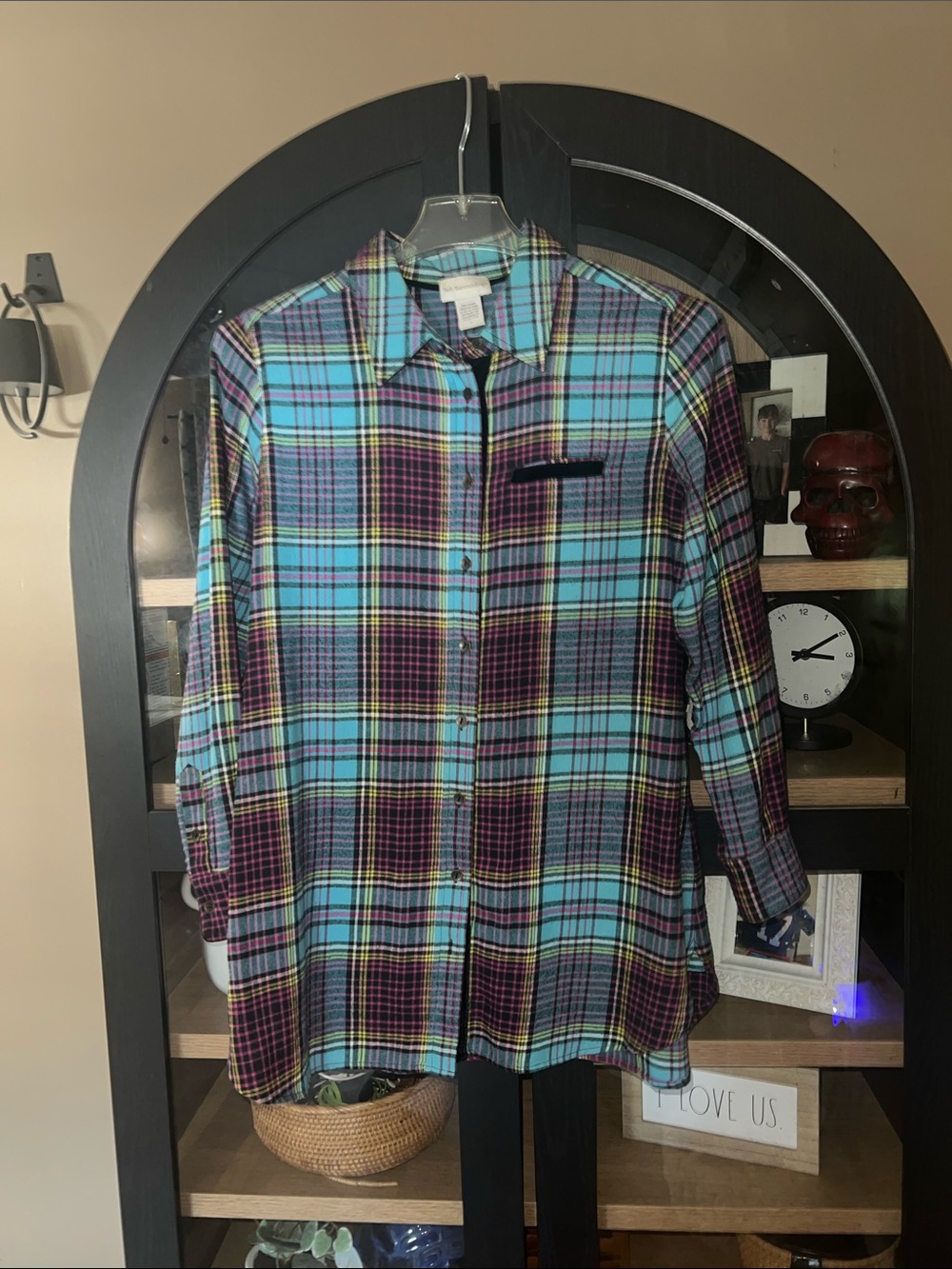 Soft Surroundings Plaid Button-Up Shirt in Teal and Plum M